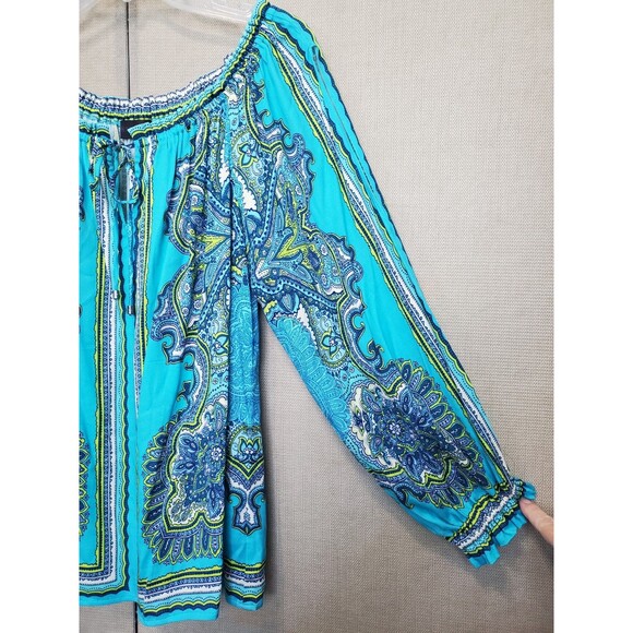 Hale Bob Blue Paisley Off-Shoulder Tie-Neck Long Sleeve Top Size Medium Boho - Picture 2 of 6